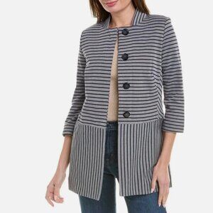 Cabi #5474 Dappled Striped Collarless Car Coat Navy Grey XS
